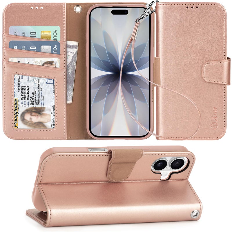 Arae Compatible with iPhone 17 Case Wallet with Card Holder, Wristlet Strap Wallet Flip Cover for iPhone 17 6.3 inch Men/Women, RFID Blocking, Kickstand,Rose Gold - Image 1