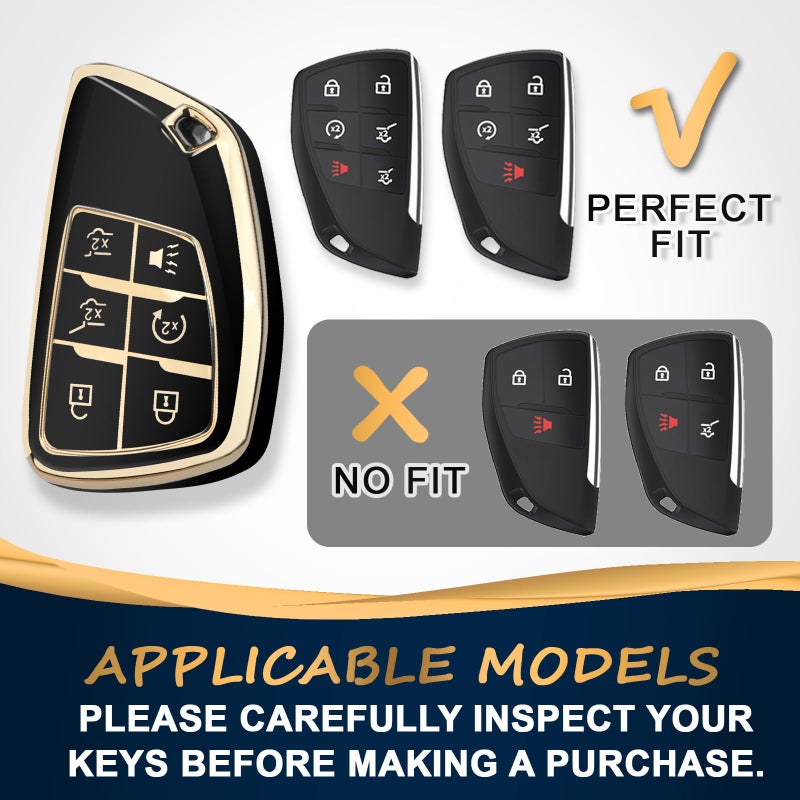 QBUC for Chevy Key Fob Cover with Keychain Soft TPU Protection Case Compatible with 2021-2026 Chevy Tahoe Suburban GMC Yukon Denali Silverado 6-Buttons(Gold Trim Black) - Image 2