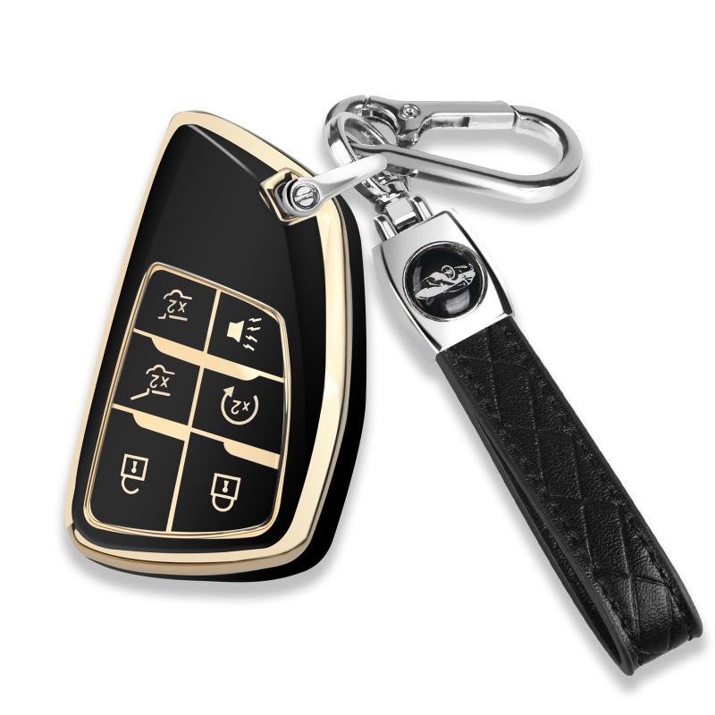 QBUC for Chevy Key Fob Cover with Keychain Soft TPU Protection Case Compatible with 2021-2026 Chevy Tahoe Suburban GMC Yukon Denali Silverado 6-Buttons(Gold Trim Black) - Image 1