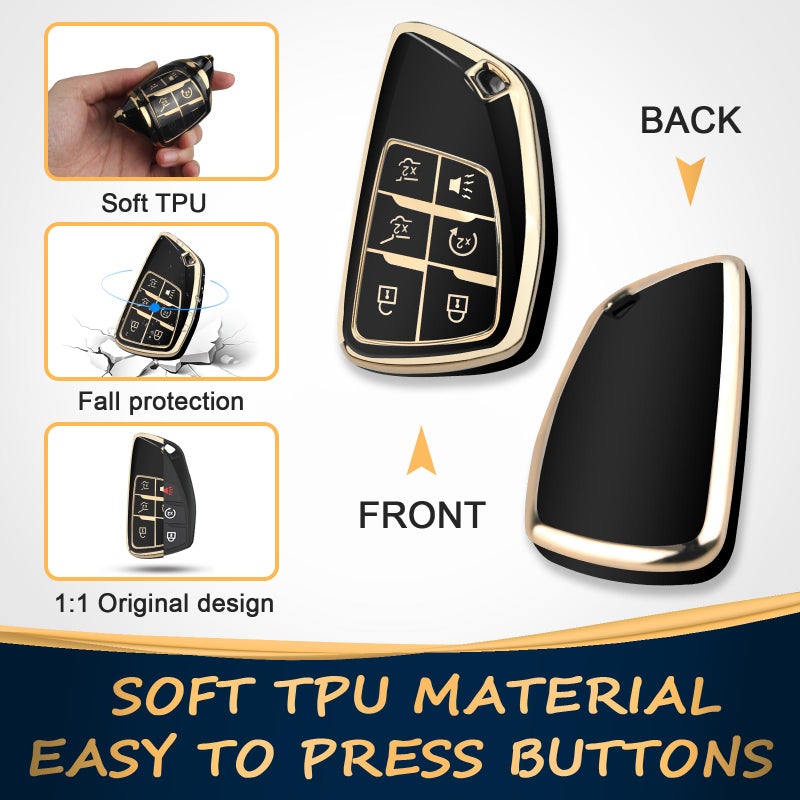 QBUC for Chevy Key Fob Cover with Keychain Soft TPU Protection Case Compatible with 2021-2026 Chevy Tahoe Suburban GMC Yukon Denali Silverado 6-Buttons(Gold Trim Black) - Image 3