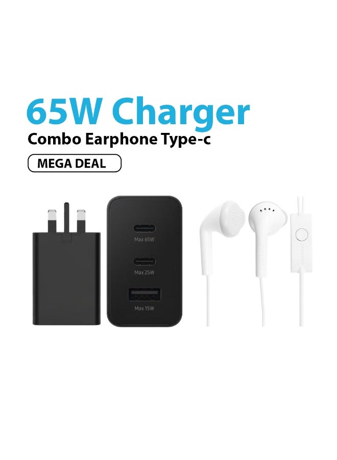 65W 3-Port Super Fast Charging Adapter with Type-C Earphone Combo – PD USB-C Charger Block with USB-C Cable, Multi-Port Fast Charger Head for iPhone, iPad, Samsung Galaxy, Android Phones, Tablets & Laptops – High-Speed Power Delivery Wall Charger