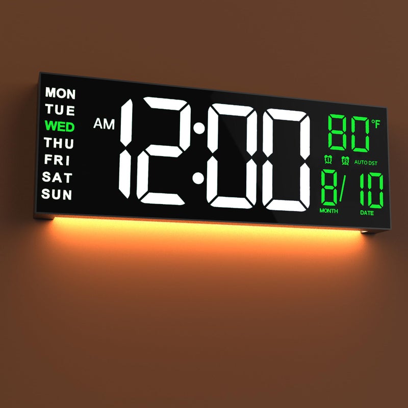 ساعة حائط رقمية كبيرة JALL 16 مع مؤقت عد تنازلي وتنبيه LED كبير بألوان RGB ودرجة حرارة لغرفة المعيشة والفصول الدراسية ومكتب هدايا عيد الميلاد أو عيد الميلاد للأمهات والآباء كبار السن باللون الأبيض والأخضر 16 بوصة