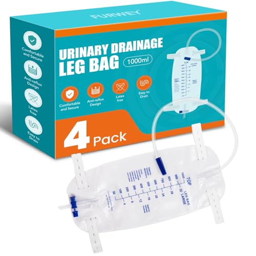 FURWEY 4 Pack 1000ml Catheter Bags with 18 Drainage TubeAnti Reflux ValveLarge Capacity Urine Leg Catheter with Two LatexFree Straps Easy Flip Drain Urinary Catheter for Men Women - Image 2