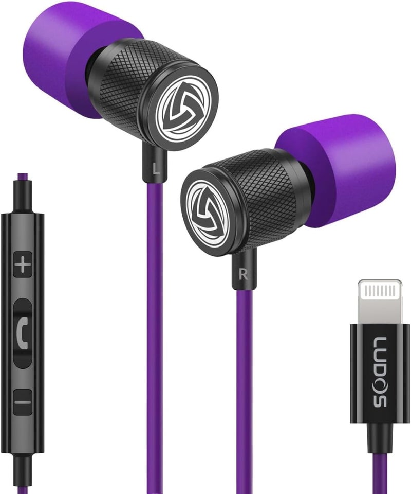 LUDOS Ultra iPhone Wired Headphones Earbuds Earphones with Lightning Connector Apple MFi Certified, 5 Years Warranty, for iPhone 14 13 12 11 Pro Max X XS XR 8 7 Plus with Microphone Control - Purple - Image 1