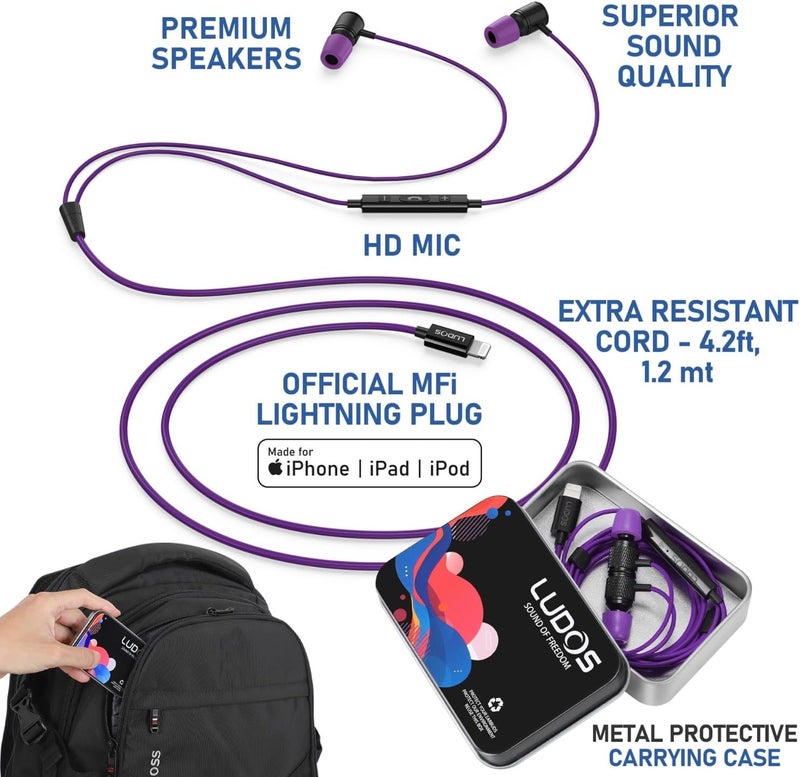 LUDOS Ultra iPhone Wired Headphones Earbuds Earphones with Lightning Connector Apple MFi Certified, 5 Years Warranty, for iPhone 14 13 12 11 Pro Max X XS XR 8 7 Plus with Microphone Control - Purple - Image 2