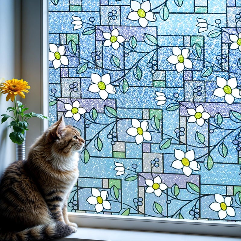 DUOFIRE Stained Glass Window Film Color Flower Pattern Privacy Window Film Decorative Glass Film No Glue AntiUV Window Sticker Non Adhesive for Bedroom Living Room 236in x 787in DP0031
