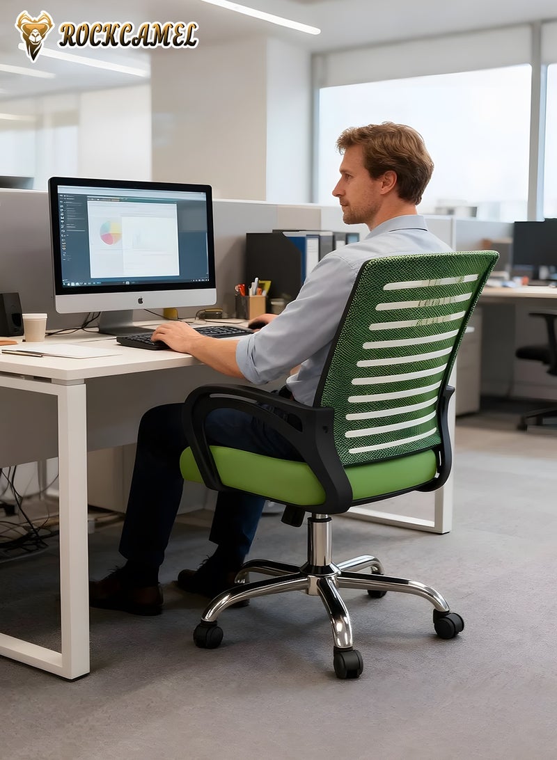 ROCKCAMEL كرسي كمبيوتر مريح، كرسي مكتب شبكي قابل للتنفس مع مساند للذراعين واسعة، ارتفاع 10 سم قابل للتعديل، قاعدة عجلات فولاذية، كرسي تنفيذي لدراسة المكتب المنزلي - Image 4