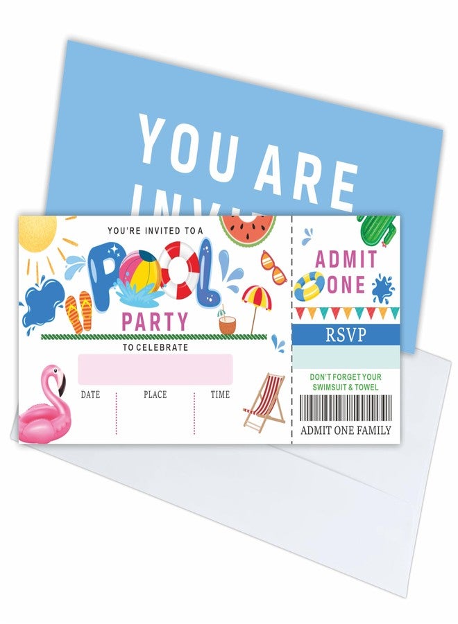 NYCTUG 20 Pool Party Birthday Invitations With Envelopes, 3" X 8" Birthday Ticket Invitation, Double-Sided Fill In Invites For Boys Girls Birthday, Birthday Party Celebration Supplies - E18 - Image 2