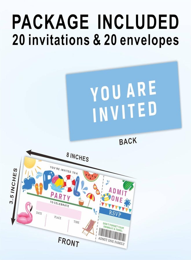 NYCTUG 20 Pool Party Birthday Invitations With Envelopes, 3" X 8" Birthday Ticket Invitation, Double-Sided Fill In Invites For Boys Girls Birthday, Birthday Party Celebration Supplies - E18 - Image 4