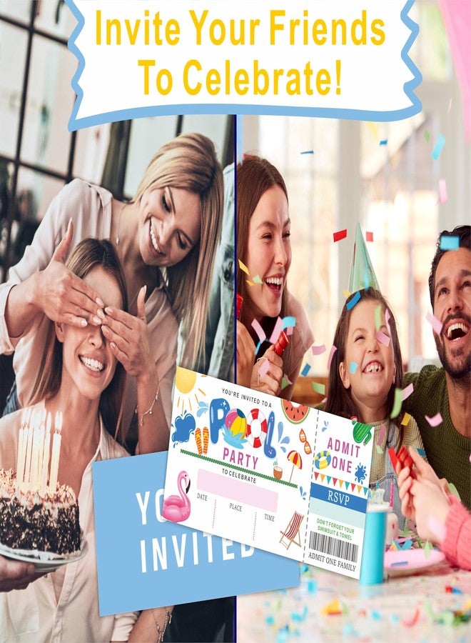 NYCTUG 20 Pool Party Birthday Invitations With Envelopes, 3" X 8" Birthday Ticket Invitation, Double-Sided Fill In Invites For Boys Girls Birthday, Birthday Party Celebration Supplies - E18 - Image 5