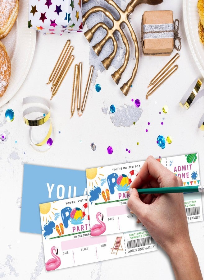NYCTUG 20 Pool Party Birthday Invitations With Envelopes, 3" X 8" Birthday Ticket Invitation, Double-Sided Fill In Invites For Boys Girls Birthday, Birthday Party Celebration Supplies - E18 - Image 3