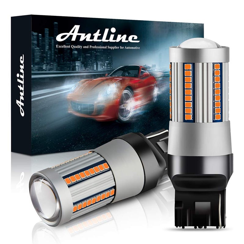 مصابيح LED أنتلين 7440 7444 T20 7440A 7440NA صفراء كهرمانية لإشارات الانعطاف مع مقاوم تحميل مدمج خالي من أخطاء CANBUS مضاد لوميض الفلاش السريع لاستبدال مصابيح الوميض عبوة من 2