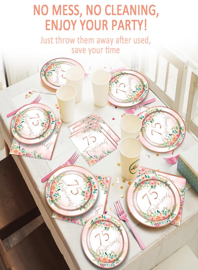 OBUSATT 96Pcs Floral 75th Fabulous Party Supplies 75th Birthday Paper Plates Napkins Rose Gold Party Decorations Years Dinnerware Party Favor Women Tableware Serves 24 - Image 5