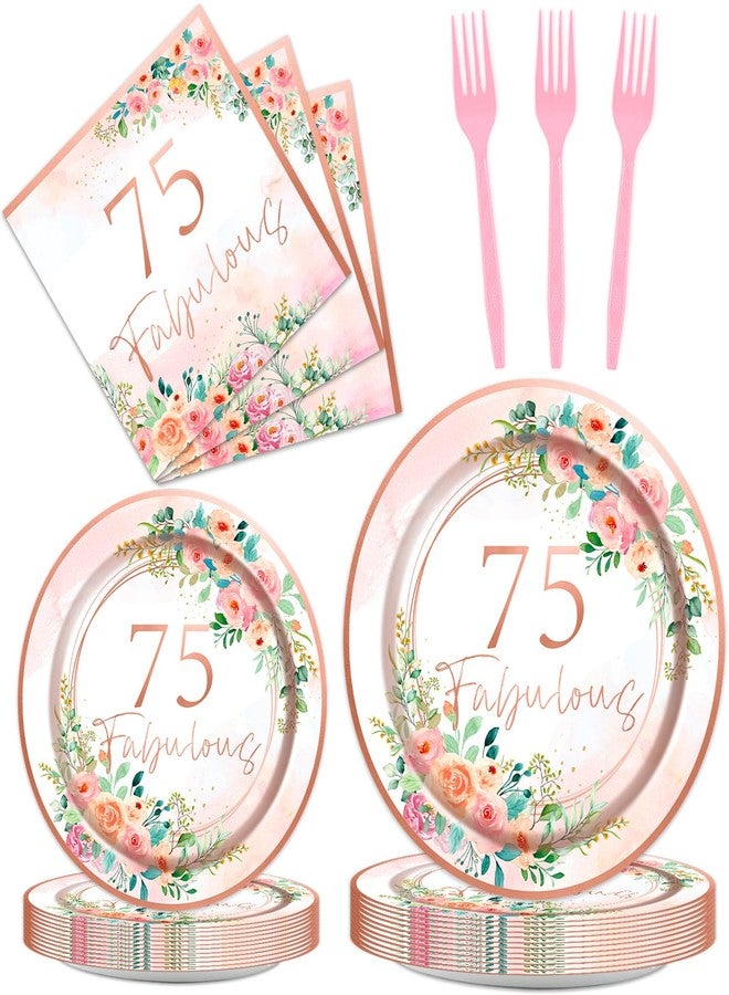 OBUSATT 96Pcs Floral 75th Fabulous Party Supplies 75th Birthday Paper Plates Napkins Rose Gold Party Decorations Years Dinnerware Party Favor Women Tableware Serves 24 - Image 1