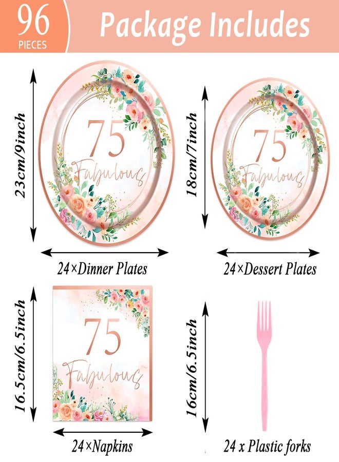 OBUSATT 96Pcs Floral 75th Fabulous Party Supplies 75th Birthday Paper Plates Napkins Rose Gold Party Decorations Years Dinnerware Party Favor Women Tableware Serves 24 - Image 2