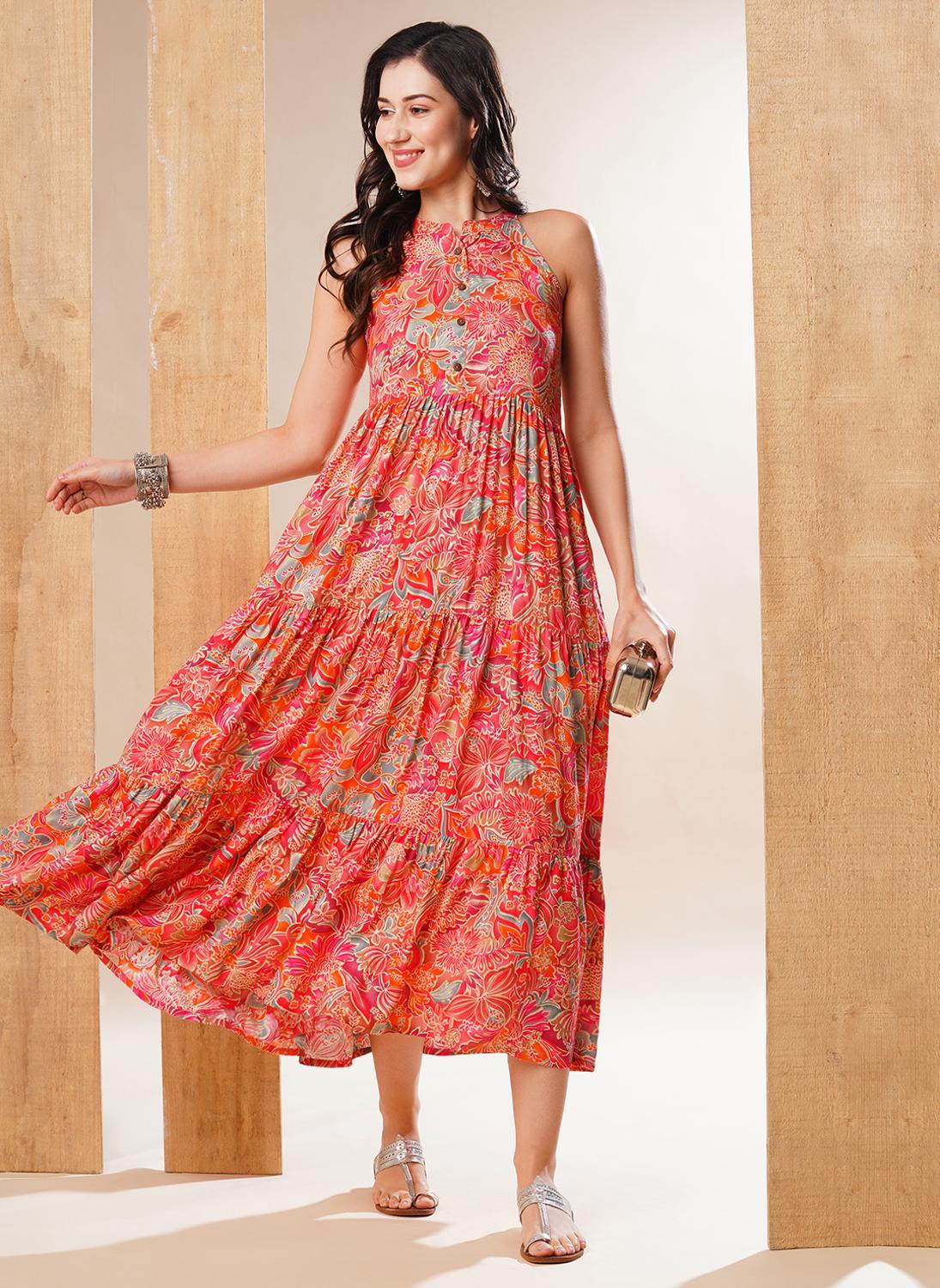 Globus Women Multi Floral Tiered Fit And Flare Maxi Dress