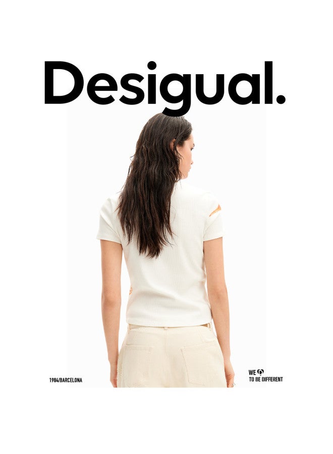 DESIGUAL ribbed Print Patch Round Neck Women's T-shirt - Image 4