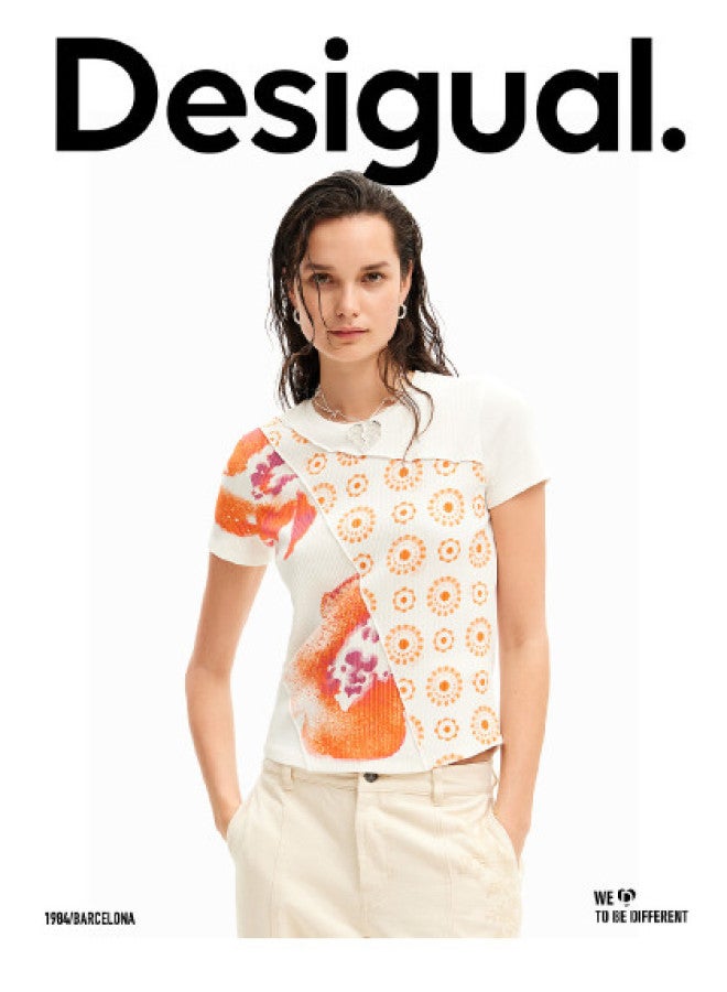 DESIGUAL ribbed Print Patch Round Neck Women's T-shirt - Image 1