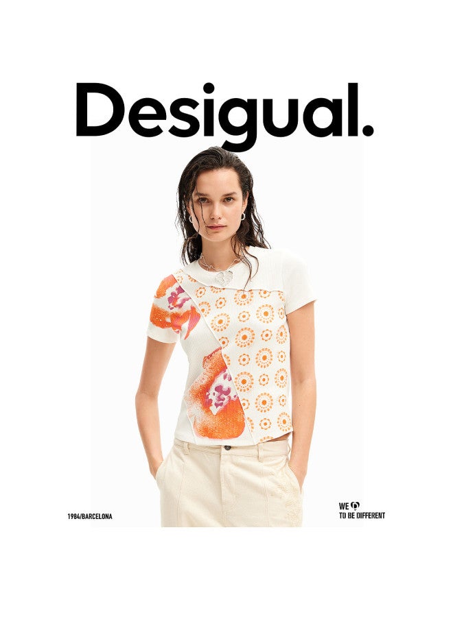 DESIGUAL ribbed Print Patch Round Neck Women's T-shirt - Image 2
