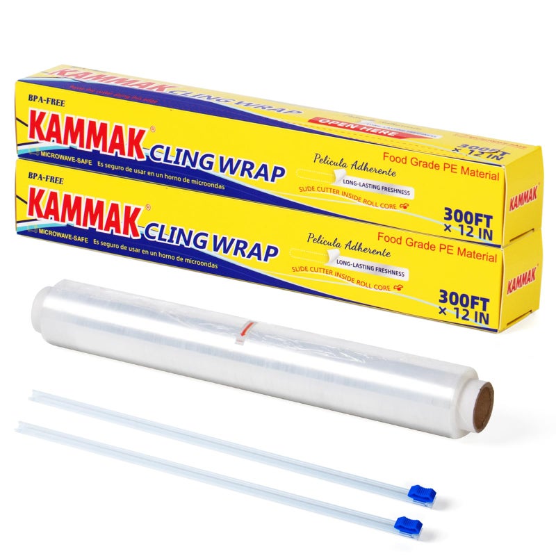 KAMMAK Plastic Wrap with Slide Cutter Food Cling Wrap 12 Inch Kitchen Cling Film BPA-Free Microwave-Safe 300 Ft Roll Food Service Film Quick Cut for Restaurant (2 Pack) - Image 1