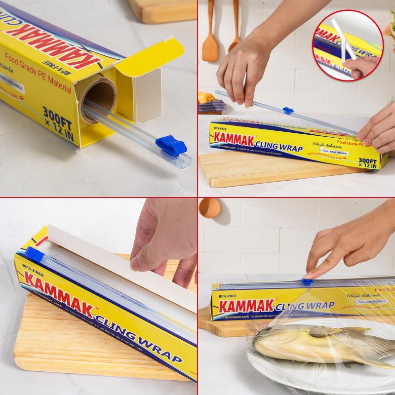 KAMMAK Plastic Wrap with Slide Cutter Food Cling Wrap 12 Inch Kitchen Cling Film BPA-Free Microwave-Safe 300 Ft Roll Food Service Film Quick Cut for Restaurant (2 Pack) - Image 2