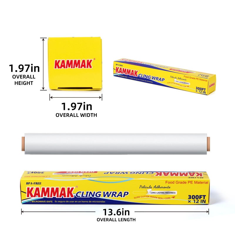 KAMMAK Plastic Wrap with Slide Cutter Food Cling Wrap 12 Inch Kitchen Cling Film BPA-Free Microwave-Safe 300 Ft Roll Food Service Film Quick Cut for Restaurant (2 Pack) - Image 5