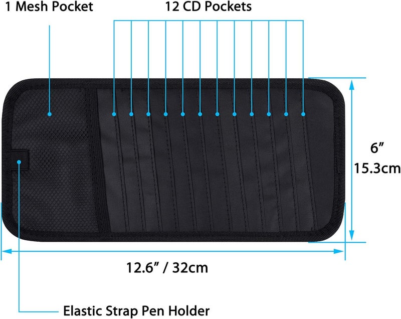 wisdompro Car CD Case Holder, Vehicle Sun Visor Organizer for Cars with 12 DVD Storage Sleeves, 1 Mesh Pocket, 1 Pen Holder and Elastic Strap, Black - Image 2