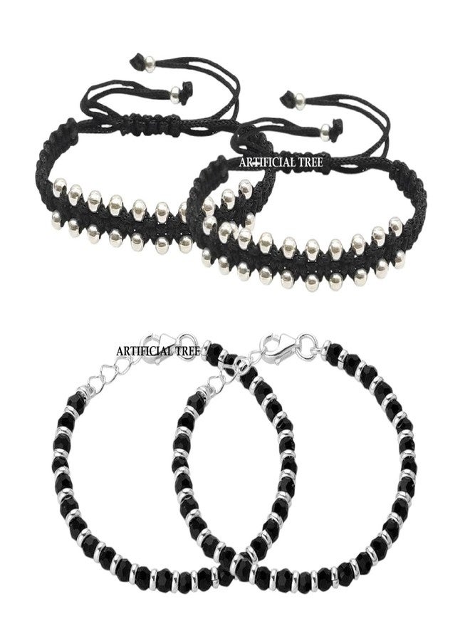 ARTIFICIAL TREE 1 Pair Ball Black Thread Nazariya Bracelet | 1 Piar plain Nazariya Adjustable Bracelet | Nazar Battu | New Born Baby to 6 Year Kids | 4 Piece (AT BABY BRCT 0008) - Image 1
