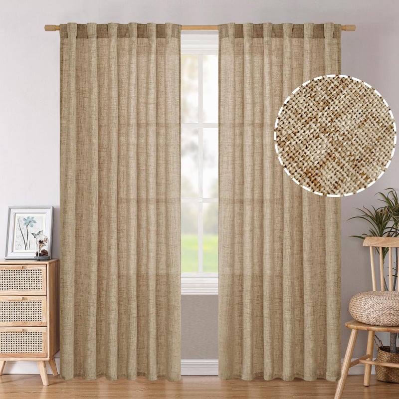 BGment Linen Curtains 84 Inch Length Light Filtering Rod Pocket Burlap Textured Window Drapes for Bedroom Farmhouse Living Room Privacy Back Tab Caramel 2 Panels 52 X 84 Inch