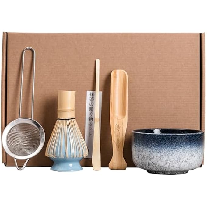 يو-هومي مجموعة خفق شاي الماتشا الياباني المكونة من 6 قطع، مجموعة حفل شاي الماتشا W، خفق ماتشا Chasen، مغرفة تقليدية Chashaku، حامل مغرفة، منخل شاي، أوعية خزفية لحفل الشاي الياباني التقليدي B - Image 2