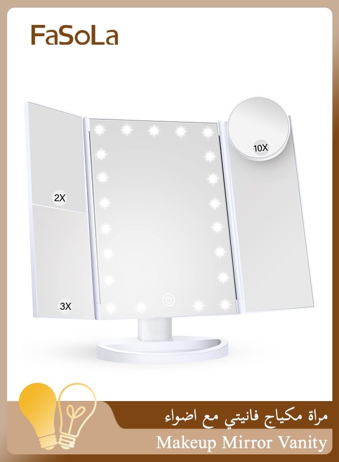 Fasola Makeup Mirror Vanity Mirror with Lights, 2X, 3X, 10X Magnification, Touch Control, Trifold, White, 35cm x 28.5cm, Modern Style, Dresser Mount, Bathroom(White) - Image 1
