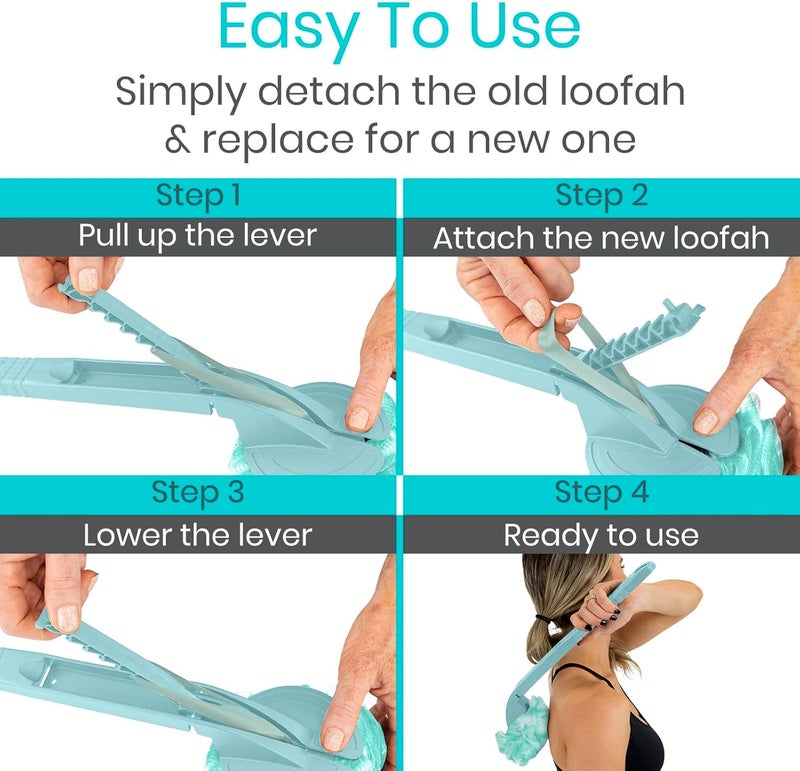 Vive Long Handled Loofah on a Stick Mesh Back Sponge for Bath Reusable wExtra Pouf Exfoliating Scrubber for Elderly Disabled Soft Loofa for Bathing Men Women - Image 5