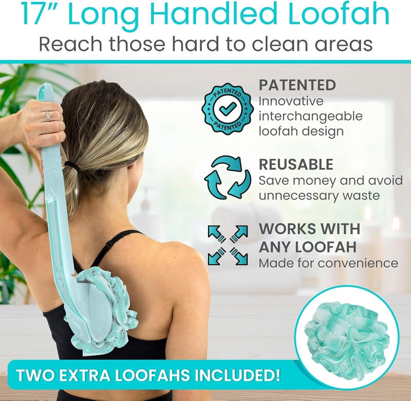 Vive Long Handled Loofah on a Stick Mesh Back Sponge for Bath Reusable wExtra Pouf Exfoliating Scrubber for Elderly Disabled Soft Loofa for Bathing Men Women - Image 2