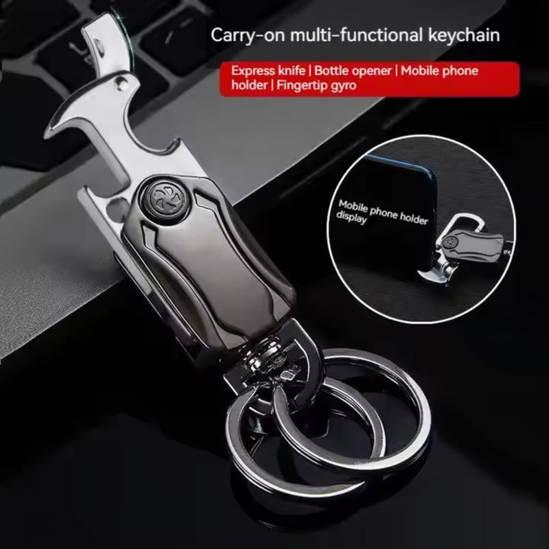 CAVERNSHOP Keychain for Men - Heavy Duty Dual Ring Metal Key Chain with Cutter, Bottle Opener, Mobile Holder, 360° Spinner, Outdoor Carabiner for Car, Bike, and Portable Use (5 in 1) - Image 1