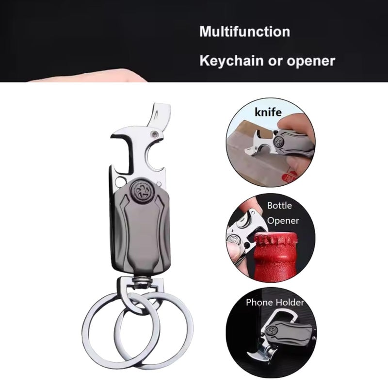 CAVERNSHOP Keychain for Men - Heavy Duty Dual Ring Metal Key Chain with Cutter, Bottle Opener, Mobile Holder, 360° Spinner, Outdoor Carabiner for Car, Bike, and Portable Use (5 in 1) - Image 2