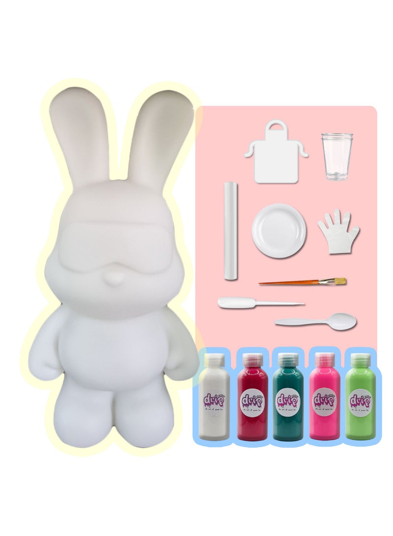 DRIP ACRYLIC POURING PIANT MONEY SAVING COOL BUNNY (13 inch - 33 cm) FLOW DIY SET RABBIT Colors: White, Rose-Red, Blue-Green, Fluorescent-Pink, Mint-Green. - Image 1