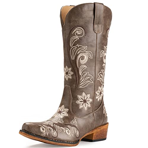 IUV Cowboy Boots For Women Mid Calf Cowgirl Boots Embroidered Pull-On Tabs Snip Toe Boot - Image 3