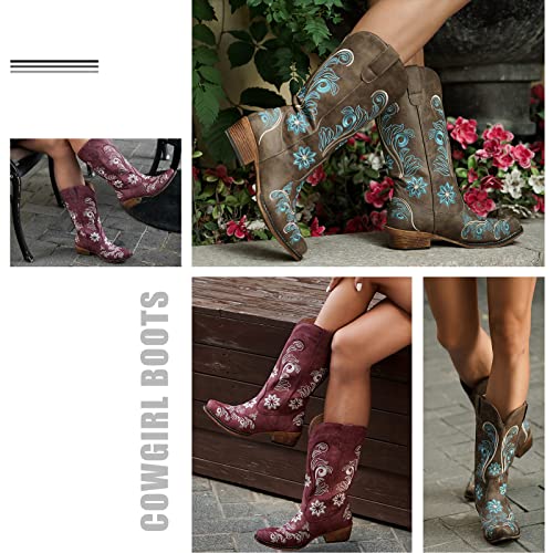 IUV Cowboy Boots For Women Mid Calf Cowgirl Boots Embroidered Pull-On Tabs Snip Toe Boot - Image 5