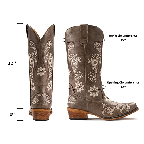 IUV Cowboy Boots For Women Mid Calf Cowgirl Boots Embroidered Pull-On Tabs Snip Toe Boot - Image 2