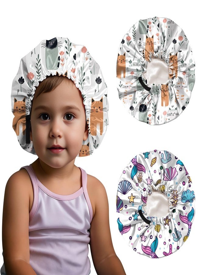 BHAHB 2 PCS Kids Bonnets for Girls Boys Satin Silk Hair Bonnets Double Layer Elastic Adjustable Hair Caps Sleeping Reusable, K2-dinosaur, One Size - Image 1
