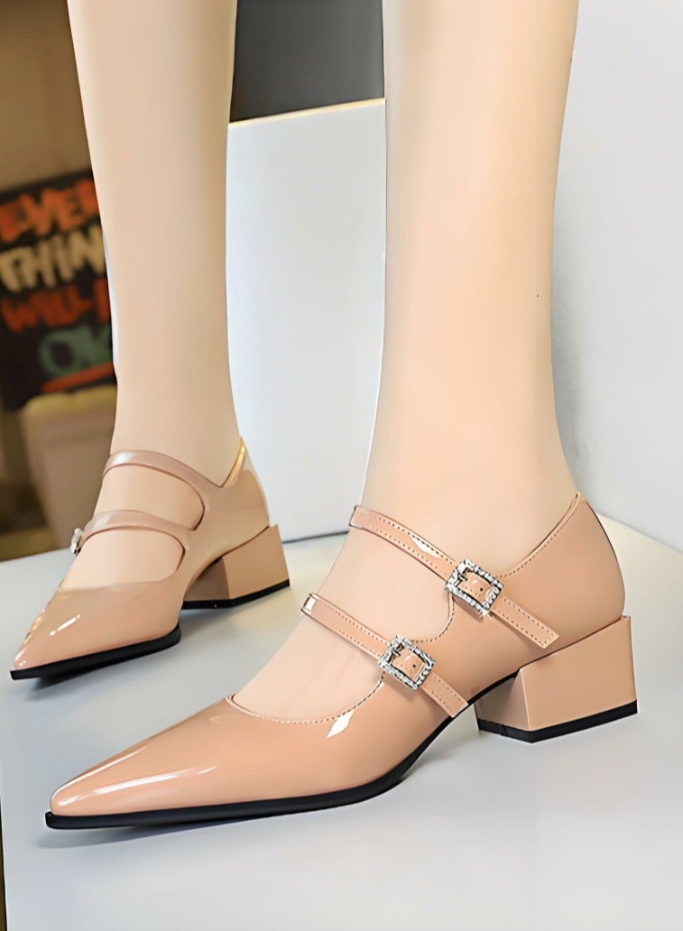 بيج تري ماري جين أحذية الكعب المنخفض المغلق إصبع القدم مع أحذية أحذية عراة لون - Image 4