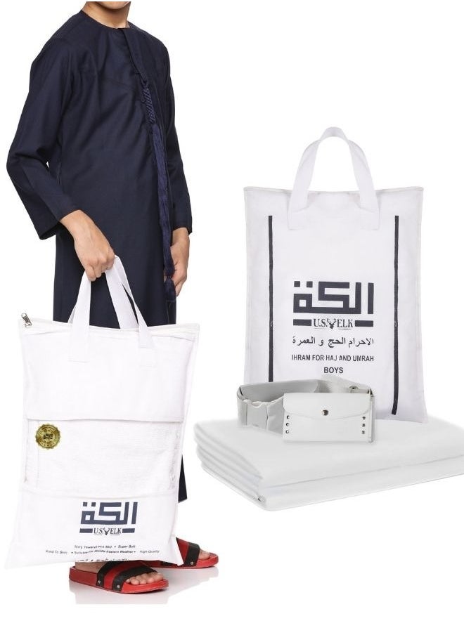 U.S. ELK U.S. ELK Premium Kids' Ahram Set for Hajj & Umrah | 2-Piece Soft Cotton Ihram Towels (35 x 70 Inch) With Adjustable Belt & Ahram Bag | Lightweight, Breathable & Fast-Drying Muslim Wear  - Image 1