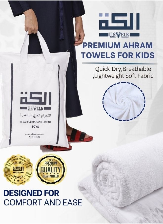 U.S. ELK U.S. ELK Premium Kids' Ahram Set for Hajj & Umrah | 2-Piece Soft Cotton Ihram Towels (35 x 70 Inch) With Adjustable Belt & Ahram Bag | Lightweight, Breathable & Fast-Drying Muslim Wear  - Image 3