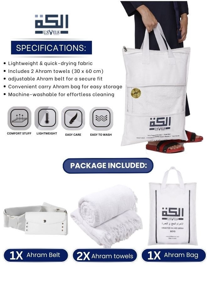 U.S. ELK U.S. ELK Premium Kids' Ahram Set for Hajj & Umrah | 2-Piece Soft Cotton Ihram Towels (35 x 70 Inch) With Adjustable Belt & Ahram Bag | Lightweight, Breathable & Fast-Drying Muslim Wear  - Image 5