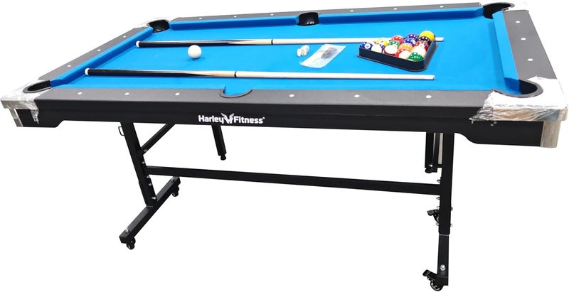 Harley Fitness Folding Billiard Table, 76" x 43", MDF Construction, Black & Blue with Complete Accessories Set - Image 1