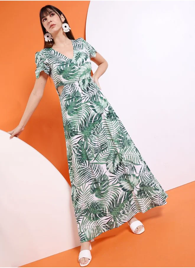 Freehand Women Fit and Flared Casual Tropical Print Waist Cut Out Long Dress