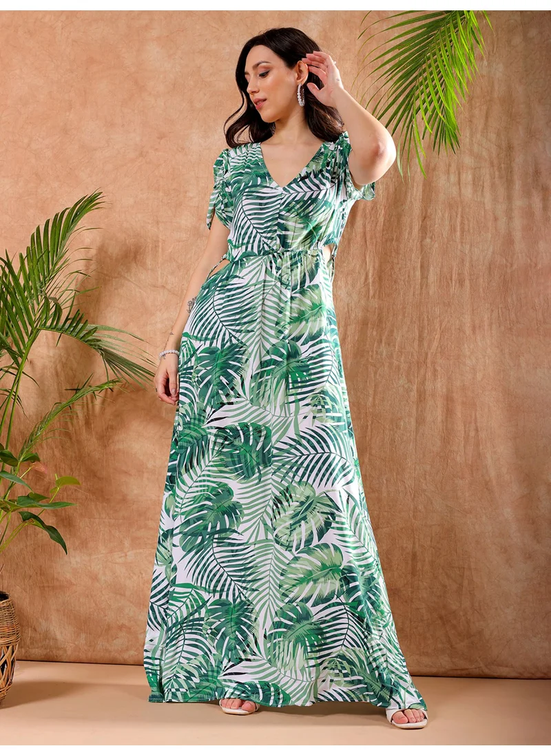 مرفوعة Women Casual Fit And Flare Tropical Cut N Sew V-Neck Long Length Waist Cut Out Long Dress