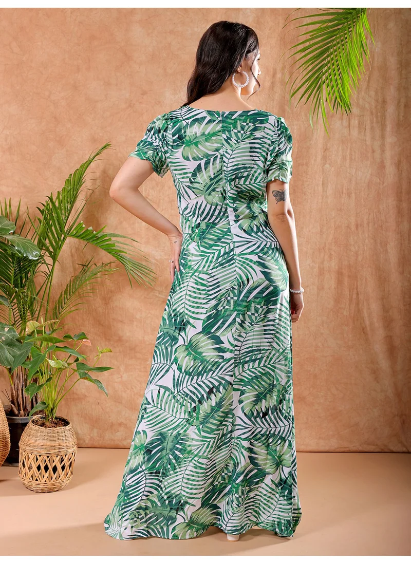 مرفوعة Women Casual Fit And Flare Tropical Cut N Sew V-Neck Long Length Waist Cut Out Long Dress