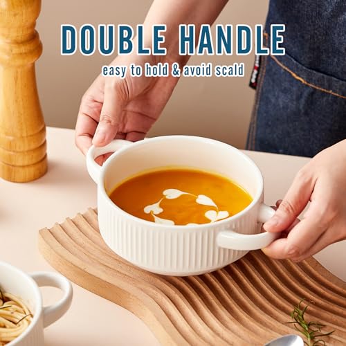 Hoilse Ceramic Soup Bowls with Handles, 20 oz French Onion Soup Bowls Set of 4, Stackable Soup Crocks for Soups, Chili, Beef Stew, Microwave and Oven safe - 5.4inch, White - Image 4