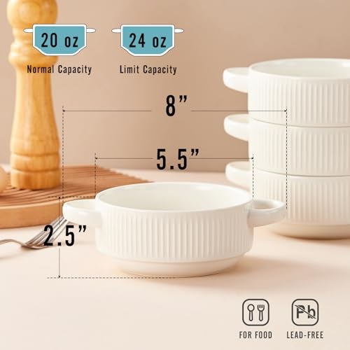 Hoilse Ceramic Soup Bowls with Handles, 20 oz French Onion Soup Bowls Set of 4, Stackable Soup Crocks for Soups, Chili, Beef Stew, Microwave and Oven safe - 5.4inch, White - Image 2
